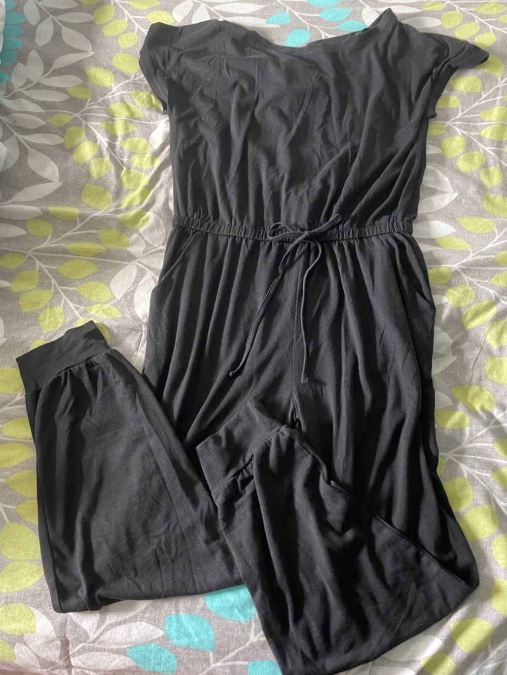 Black Short-Sleeve Drawstring Waist Jumpsuit